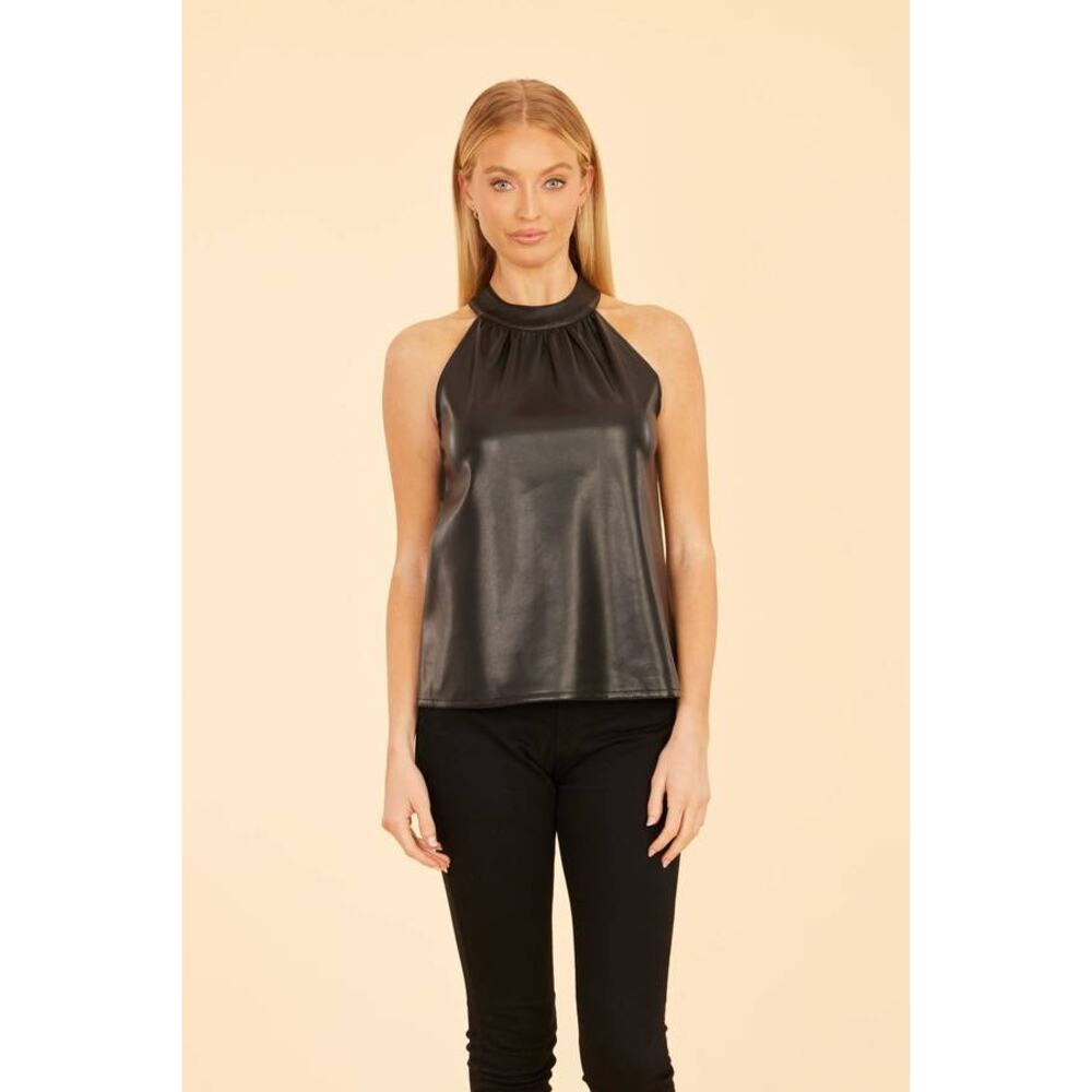 Dolce Cabo Hashi Vegan Faux Leather Halter Top Black S NWT Quiet Luxury Edgy - Picture 3 of 7